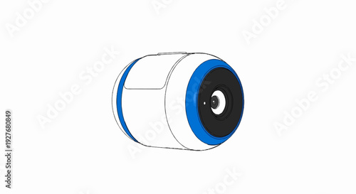 Futuristic cylindrical camera with blue accents and a prominent lens