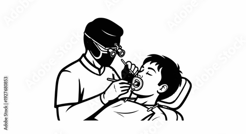 Dentist examining a patient's open mouth with instruments, wearing a mask and magnifying glasses