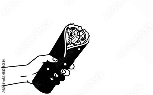 Hand holding a filled wrap with filling visible at the top