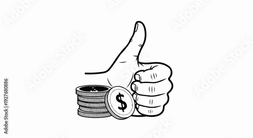 Hand giving a thumbs up beside a stack of coins, one with a dollar sign