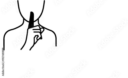 Hand over mouth, gesturing silence