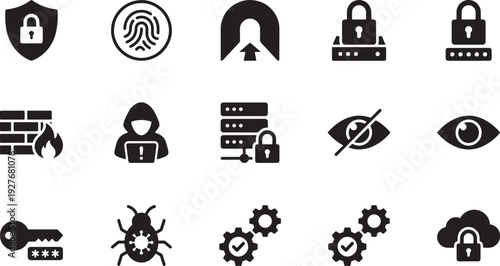 Cyber Security and Data Protection Solid Icons Set with Shield, Fingerprint, VPN, Firewall, Hacker, Lock and Bug Symbols