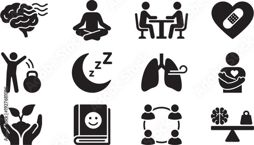 Mental Health and Wellness Solid Icons Set with Brain, Meditation, Therapy, Sleep, Lungs, Self Care and Balance Symbols