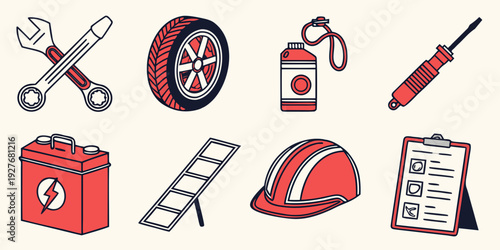 Assorted icons representing various tools and equipment for safety and maintenance Vector