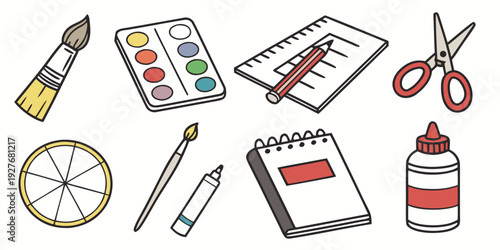 A variety of school supplies neatly arranged on a white background Vector