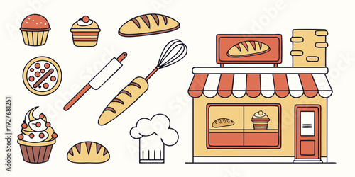 Assorted bakery items and utensils displayed in a charming shop setting Vector