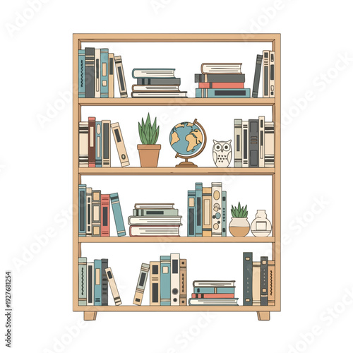 Modern Wooden Bookcase Filled with Books Decorative Items and Green Plant for Home or Office Decor