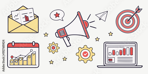 Modern icons representing various aspects of business and productivity Vector