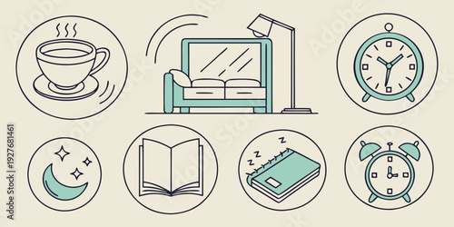 A collection of icons representing various activities and objects. Vector