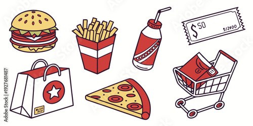 Assorted fast food items including fries, pizza, and sandwiches Vector