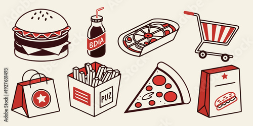 Assorted food items including snacks and drinks arranged on a table Vector