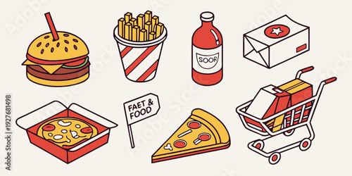 Assorted food items including sandwiches, hot dogs, and drinks Vector