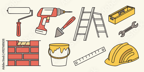 A collection of tools and equipment for home improvement projects Vector