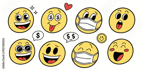 A collection of diverse emoji faces expressing various emotions and reactions. Vector