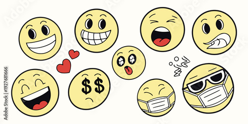 A diverse collection of emoticons expressing various emotions and reactions. Vector