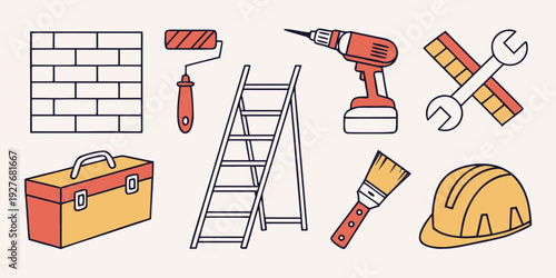 A variety of tools and materials for home improvement and construction projects Vector