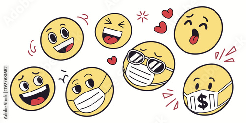 Assorted emojis depicting various facial expressions and emotions. Vector