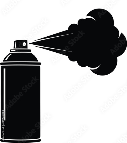 Black silhouette of a spray paint can discharging a cloud of paint