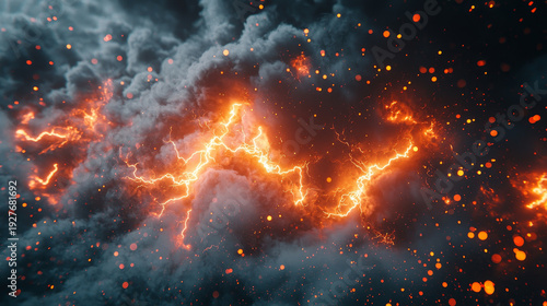 Fiery lightning bolt illuminates dark storm clouds with glowing orange sparks, creating dramatic and energetic atmosphere, symbolizing raw power and intense energy