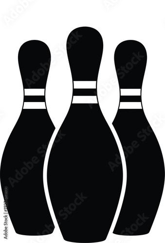 Three black bowling pins stand aligned on a white background