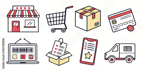 Assorted icons representing various aspects of e-commerce and delivery services. Vector
