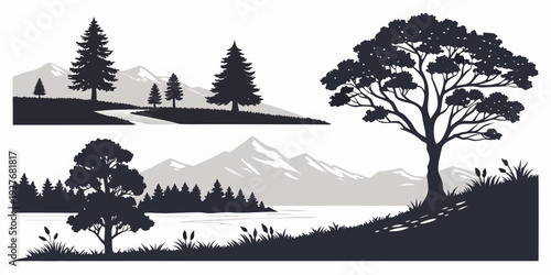 A serene landscape with trees and a winding path leading to a distant horizon Vector