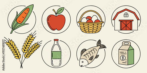 Assorted images representing various food items and kitchen utensils Vector