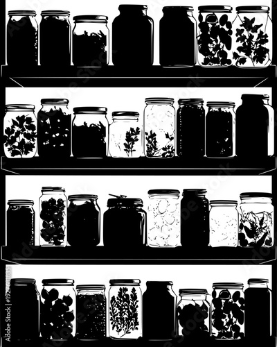Variety of fermented vegetable jars on a kitchen shelf area, vector illustration art