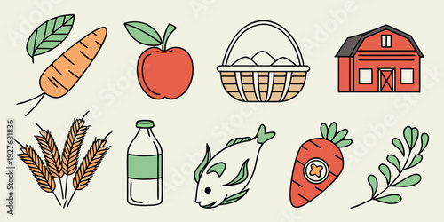 Assorted fruits and vegetables with a basket and a bottle of water Vector