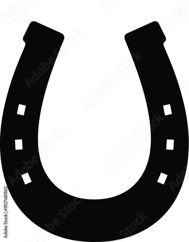 A simple black silhouette of a traditional metal horseshoe