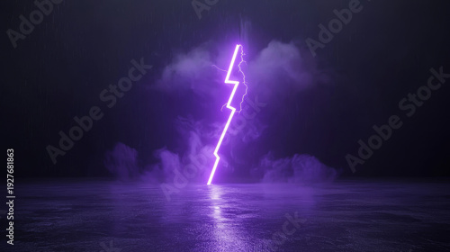 Vivid purple lightning bolt illuminates dark cloudy sky over reflective water surface, creating surreal and energetic atmosphere with glowing mist and dramatic contrast