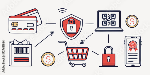 Online shopping and secure payment process with various devices and payment methods Vector