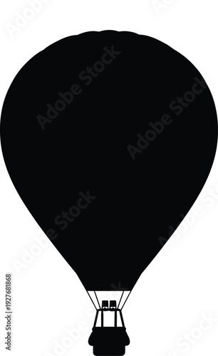A simple black silhouette of a hot air balloon against a white background