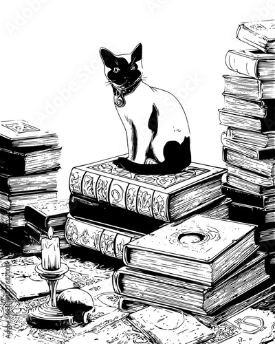 Cat sitting on a pile of ancient dusty spell books in a corner, vector illustration art