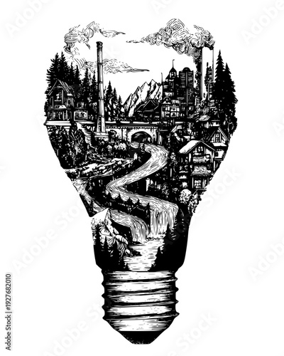 City built inside a giant lightbulb floating in a dark forest, vector design