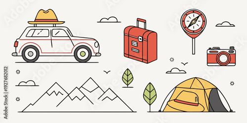 A colorful illustration of a road trip with a car, luggage, and scenic landmarks Vector