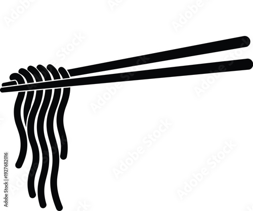 Black and white illustration of noodles being lifted with chopsticks
