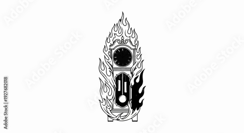 A grandfather clock engulfed in stylized flames, rendered in black and white