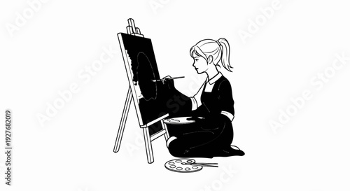 A person sits and paints on an easel with a palette and brush
