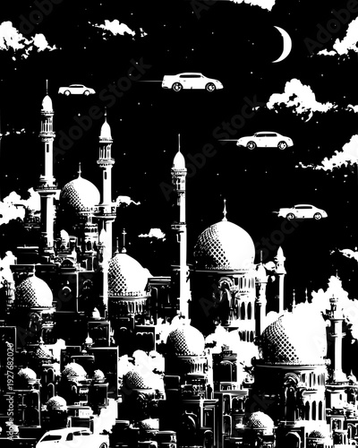 City on the moon with glass domes and sleek white flying cars, vector illustration art
