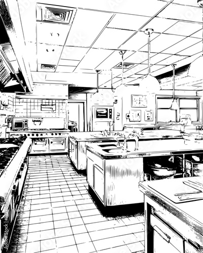 Commercial kitchen prep table with knives and a cutting board area, vector design