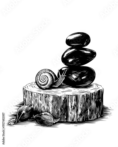 Collection of shiny pebbles and snail shells on a forest stump, vector illustration