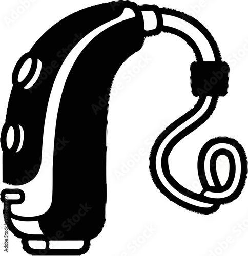 Black and white silhouette of a behind-the-ear hearing aid with a coiled tube