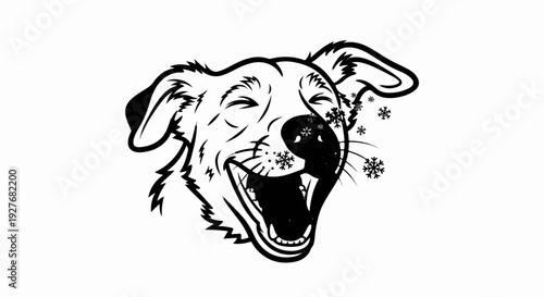 Joyful dog with mouth open, surrounded by falling snowflakes
