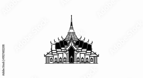 Ornate, symmetrical temple with tiered roofs and a spire
