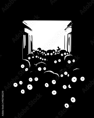 Crowded subway car with passengers using glowing eye implants, vector graphic