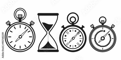 A collection of clocks and an hourglass representing the passage of time Vector