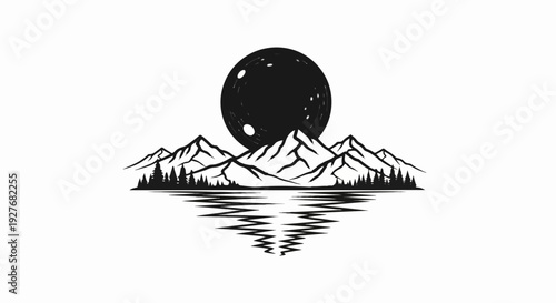 Silhouette of mountains, trees, and moon reflected in water