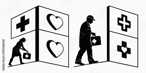 Silhouette of a person carrying a box between two doors with symbols of aid and love. Vector