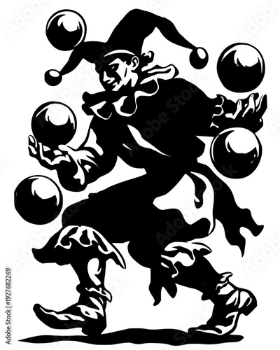 Cunning court jester in a colorful tunic juggling silver spheres, vector illustration art